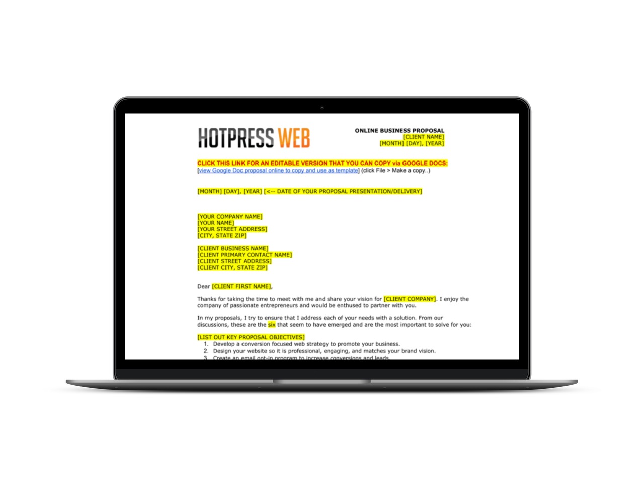 laptop showing the business proposal template by UGURUS